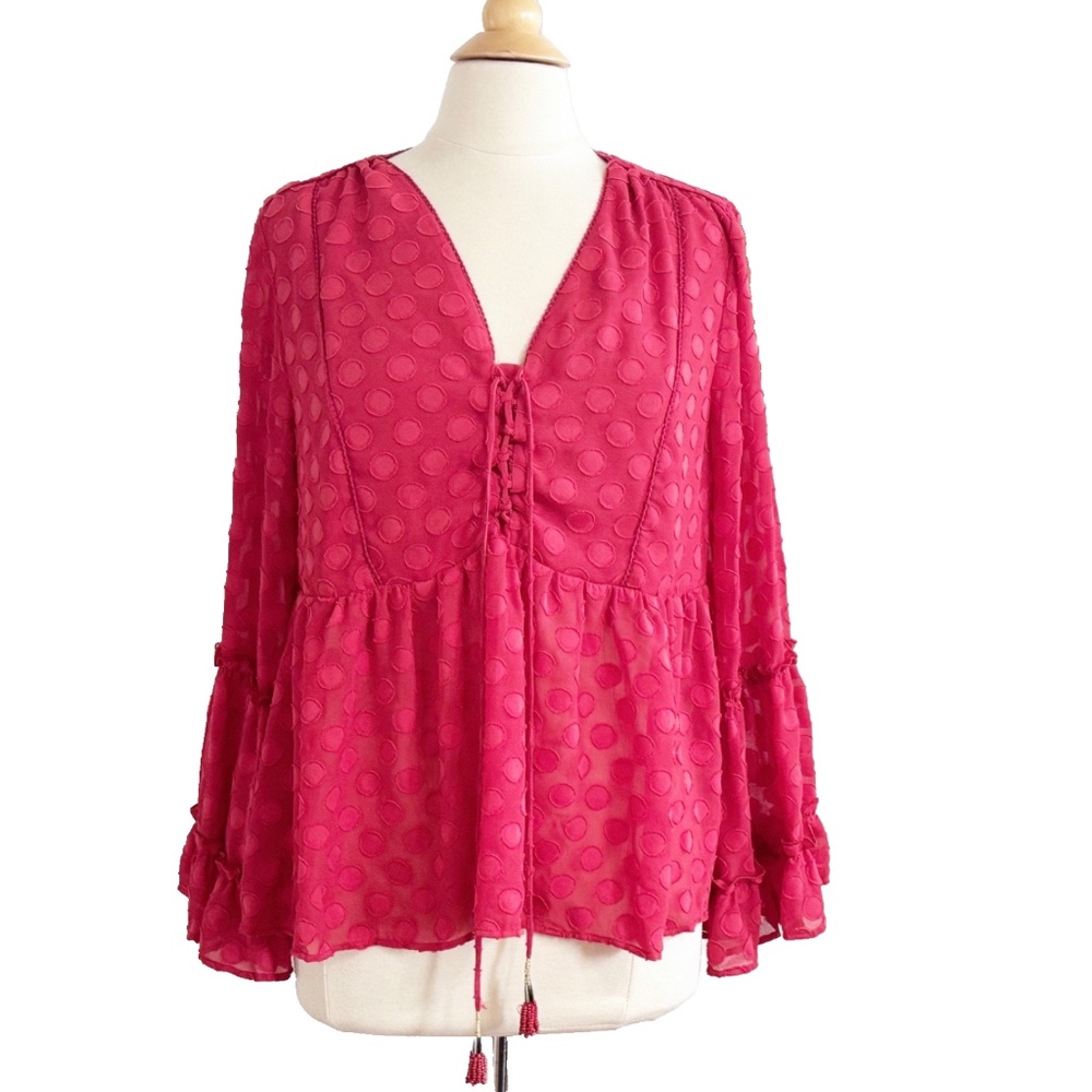 Soft Surroundings Womens Red Besito Bell Sleeve Top Blouse Shirt Large Polka Dot